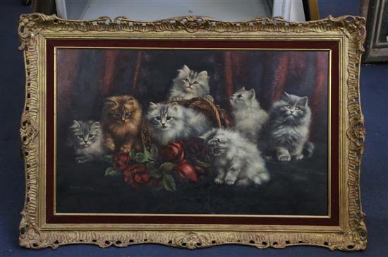 Agnes Augusta Talboys (1863-1941) Persian kittens beside a basket of roses 16.75 x 27.75in.